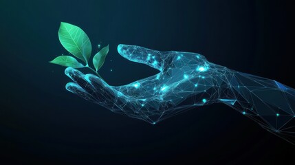 Hand holding a sprout, low-poly design.