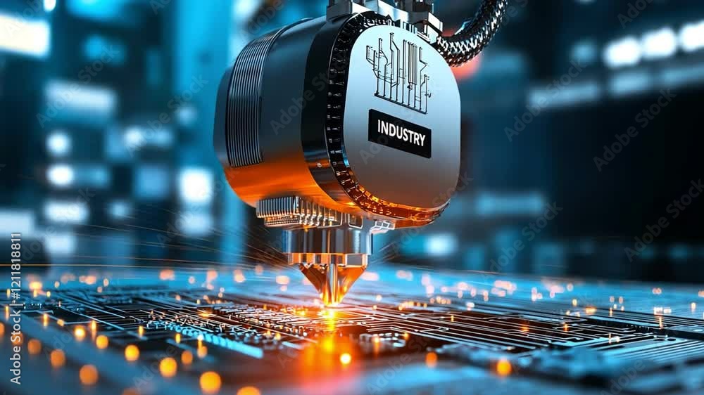 Poster futuristic industrial robot working on a circuit board in a high-tech environment.