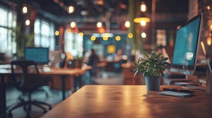 A blurred office background featuring desks, computers, and employees engaged in work, creating a lively ambiance
