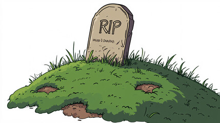Simple burial mound with an RIP tombstone surrounded by green grass and dirt patches in a cartoon illustrative style  
