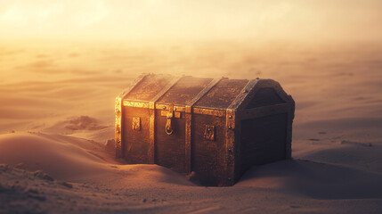 A weathered, ancient chest partially buried in the sand of a desolate beach, with a faint golden light.
