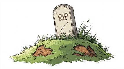 Cartoon-style burial mound with an RIP tombstone surrounded by grass and dirt patches in a soft minimal illustration  
