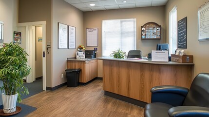 A clean and organized dentist office featuring dental equipment, charts, and a welcoming reception area