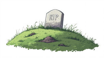 Simple grassy burial mound with an RIP tombstone surrounded by soft green grass in a minimal illustrative style  
