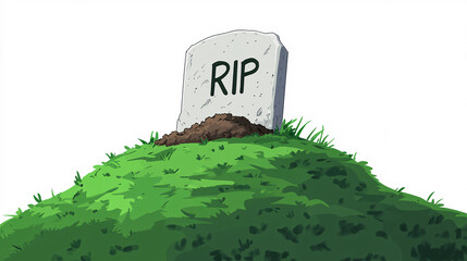 a simple gravestone labeled rip on a clean grassy hill with dirt patches under a bright white cartoon-style background	