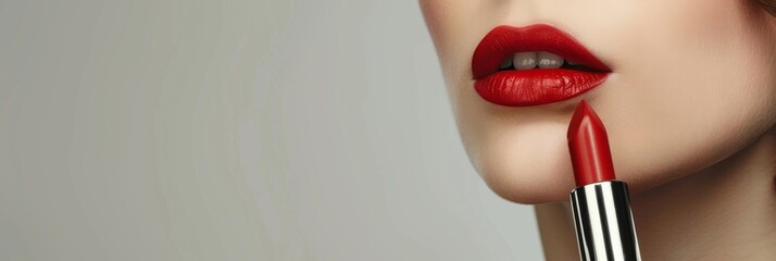 Obraz premium A woman on a light gray background applies red lipstick to her lips. Close-up. Copy space