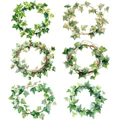 Watercolor illustration of ivy wreath on white background