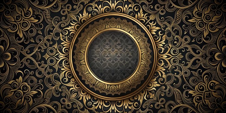 Intricate black and gold circle adorns a luxurious ornate background with swirling patterns and mystical textures , ornate