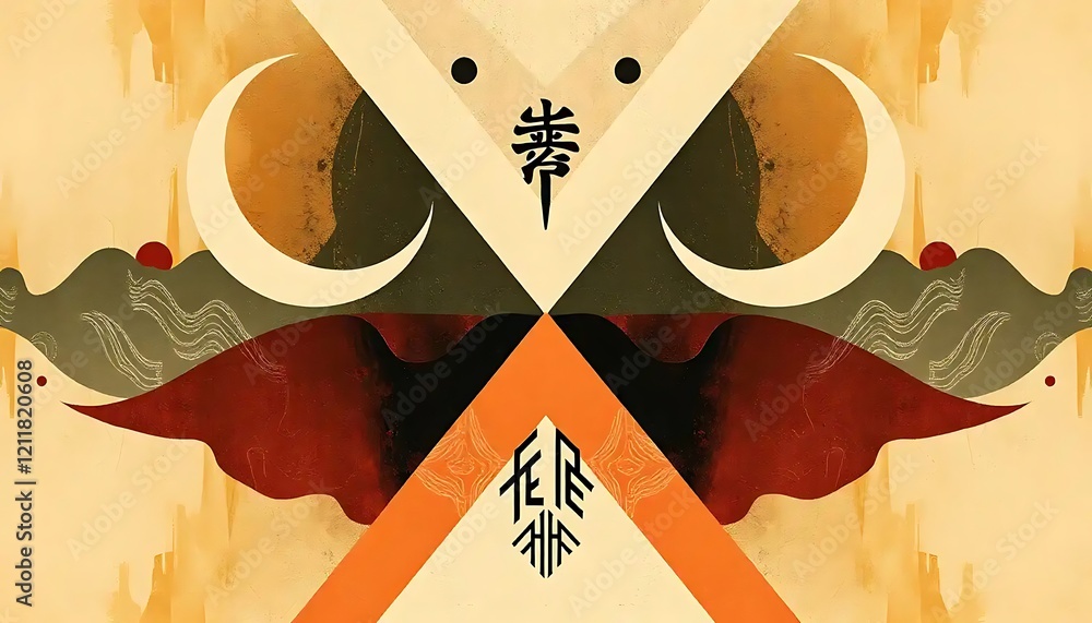Poster abstract symmetrical art featuring moons and symbolic characters