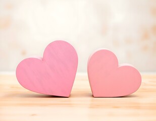 Fototapeta premium Two pink wooden hearts on light background love symbol decor