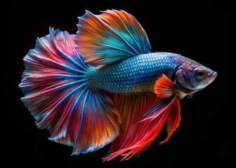 Fototapeta premium A black backdrop silhouettes a vibrant flowertail betta, its exotic colors a stark contrast.