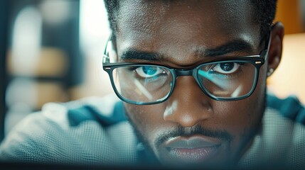 A close-up of an office worker focused on their computer screen, highlighting concentration and productivity