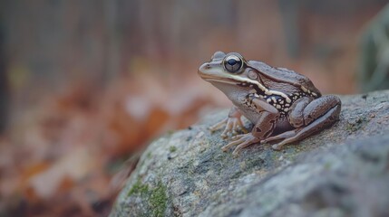 Obraz premium Close-up of a brown frog perched on a rock amidst autumn leaves.