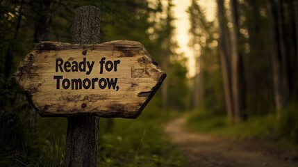 Wooden signpost in forest reads "Ready for Tomorrow".