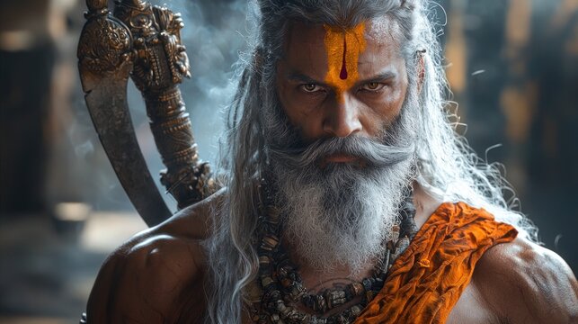 warrior Parshuram-inspired character with intense piercing eyes and flowing white beard and axe in background