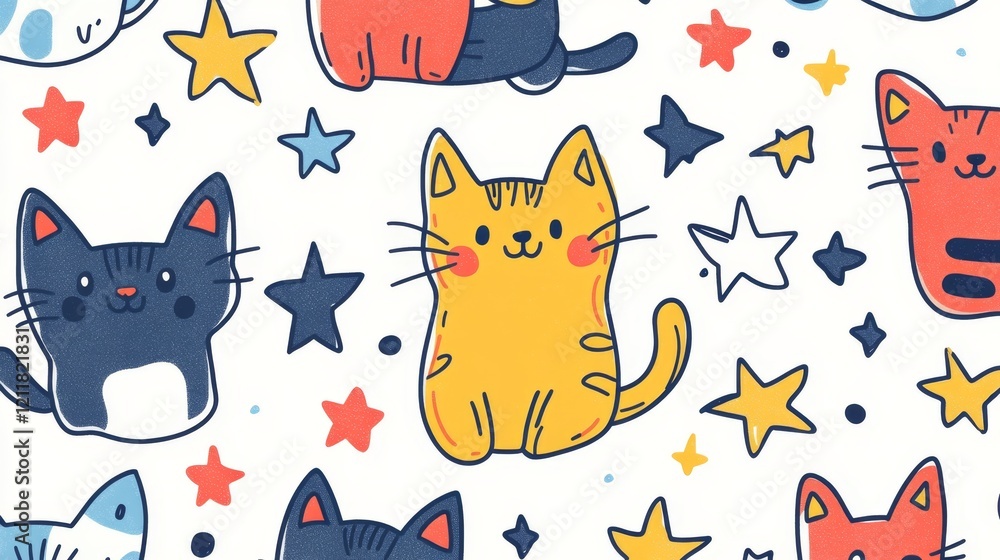 Poster whimsical cat pattern with colorful stars and playful design