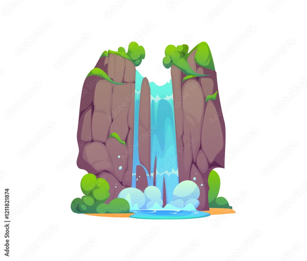 Poster cartoon waterfall, river water cascade. mountain stream cascade computer game design item. jungle fo