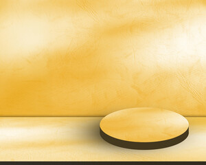 Yellow background beige studio room abstract shadow on wall floor blur cement, podium minimal cosmetic presentation, cement empty backdrop platform stage table loft scene mockup podium plant.