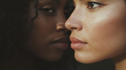 In a tender moment, two women share an intimate space, their shoulders brushing softly, showcasing their unique features, backgrounds, and bond. The closeness emphasizes unity amidst diversity