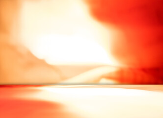 Red background orange studio room abstract shadow on wall floor blur cement, podium minimal cosmetic presentation, cement empty backdrop platform stage table loft scene mockup podium plant.