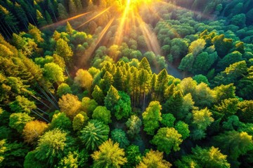 Fototapeta premium Sun-drenched forest canopy, aerial drone view showcasing lush woodland, vibrant sunbeams filtering through leaves.