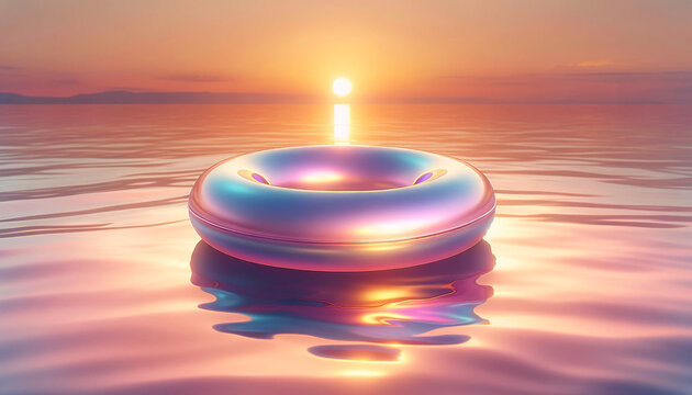 Hello, summer beach. A single shimmering glossy inflatable ring floating on calm water during a beautiful sunset. Design. Copy space. Tourism.  - Powered by Adobe