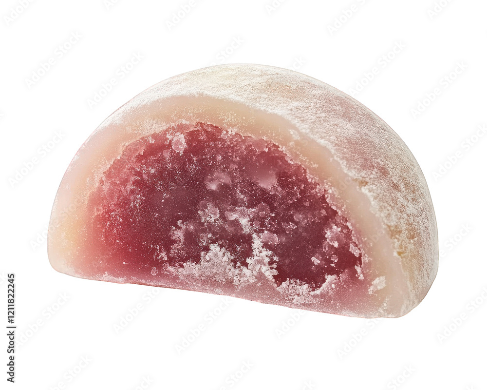 Poster slice of mochi with pink filling, showcasing soft and chewy texture, isolated on transparency backgr