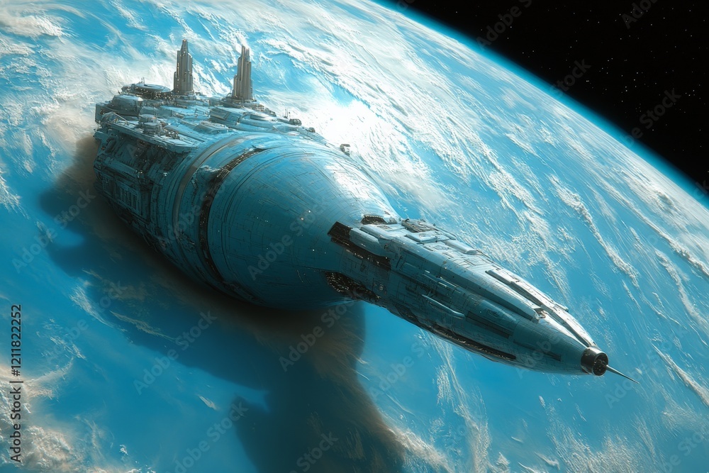 Poster spaceship exploring the vastness of space with earth visible in the background during daylight hours