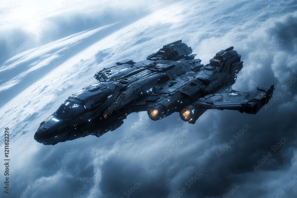 Aufkleber Spaceship navigates through clouds in a futuristic setting above a distant planet