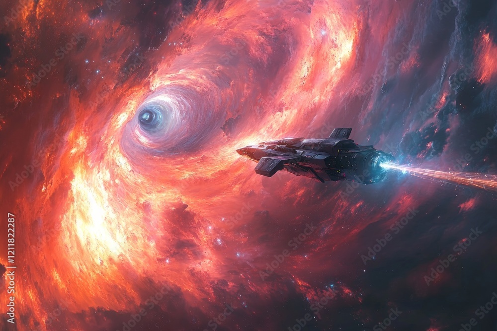 Poster spaceship travels through vibrant cosmic nebula towards mysterious black hole in deep space