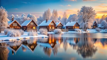 Fototapeta premium Snow-covered wooden houses in a small winter village with frozen lake and trees surrounding the buildings, frozen landscape, winter wonderland