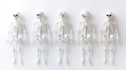 Obraz premium Five miniature skeletons in a row on white. Medical study or Halloween