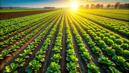 Aerial shot: vibrant green sugar beet field, lush growth, agricultural beauty.