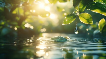 Dewdrop falling on water, sunlight through leaves.
