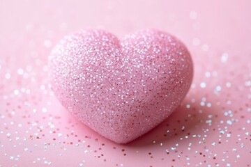 Fototapeta premium Sparkling pink heart on a soft pink background with scattered glitter creating a festive and charming atmosphere for celebrations