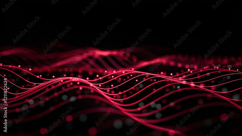 Aufkleber abstract red wave lines forming a glowing neon pattern on a dark digital background, futuristic ener