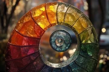 Fototapeta premium Colorful spiral sculpture glistening in sunlight at a vibrant urban sculptural garden