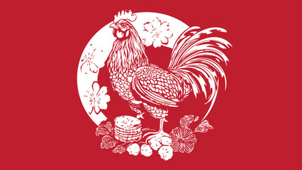 Cute cartoon farm animals like chicken, rooster, hen, and chick with colorful feathers gather around a decorated Easter egg, perfect for a fun vector illustration card design