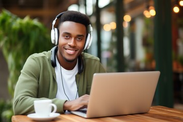 Fototapeta premium Young black entrepreneur enjoying music while working remotely on laptop in a coffee shop