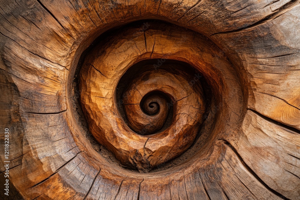 Poster Captivating spiral pattern in a cross-section of a tree trunk showcasing intricate wood grain and natural forms