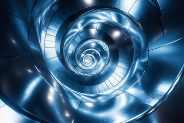 Swirling blue metallic staircase creates a mesmerizing spiral illusion in a modern architectural setting