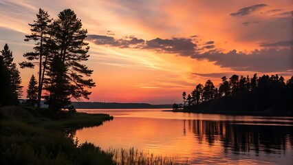 "Tranquil Sunset Over Serene Lake with Vibrant Reflections"