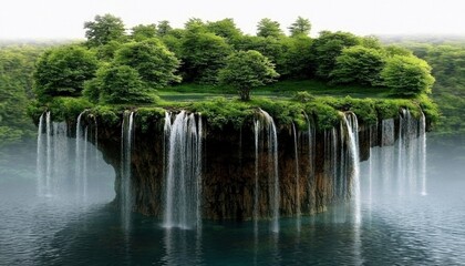 Enchanting Floating Island Waterfall Lush Forest Scene