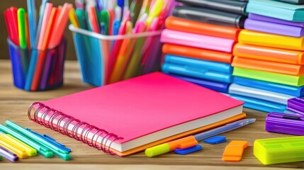 A colorful arrangement of office supplies, including pens, notebooks, and sticky notes, creating an inviting workspace