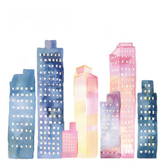 Fototapeta premium Watercolor Skyscraper Skyline at Sunset Modern Urban Architecture in Pastel Tones