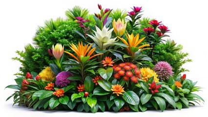 Exotic tropical flower shrub bush with vibrant colorful blooms surrounded by lush green leaves and isolated against a plain white background, greenery, bush