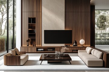 Modern living room with wooden wall, large TV, sofa, and coffee table.