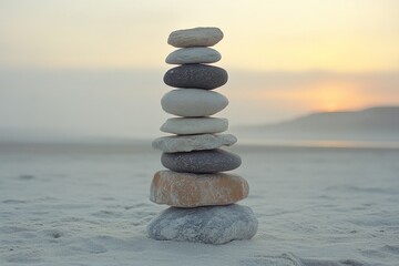 Fototapeta premium Balanced stone tower stands on sandy beach during sunset near the water's edge creating a peaceful atmosphere