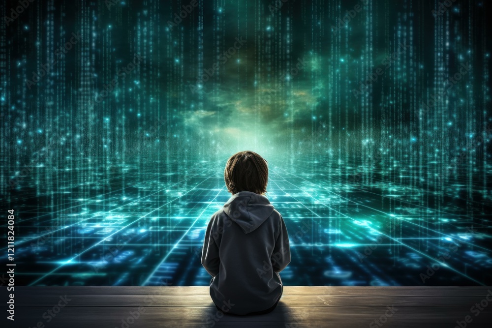 Poster child sitting on a wooden floor looking at a futuristic digital world made of binary code and matrix
