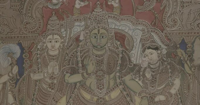 Close-up view on Ramapattabhisheka tableau. scene has Rama and Sita on throne. Ungraded C LOG 2 couple is flanked by Ramas brothers, Vibhishana, allies, rishis, kings, and noblemen